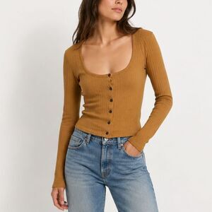 Madewell Ribbed‎ Cardigan Crop Tee Womens XXS Toffee Long Sleeve Buttoned Top